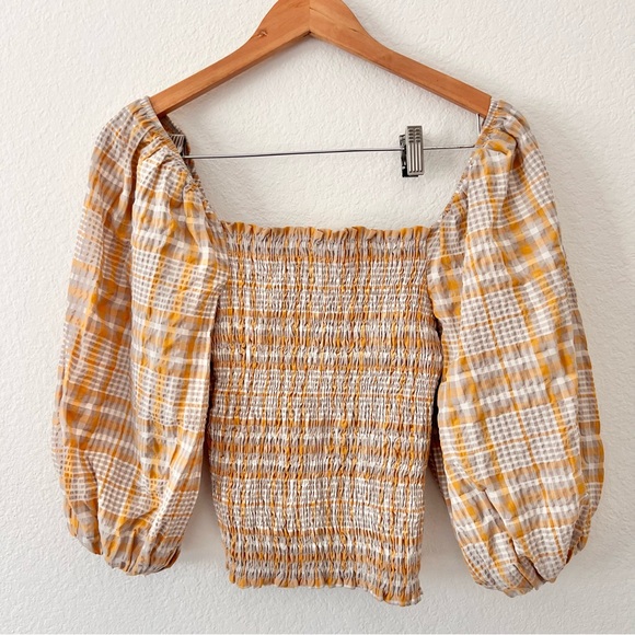 Anthropologie Maeve Tan and Mustard Yellow Plaid Puff Sleeve Top Sz XS NWT - Picture 6 of 6